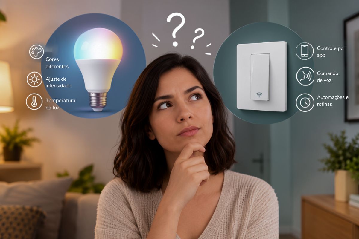 Mulher em dúvida entre interruptor ou lâmpada inteligente